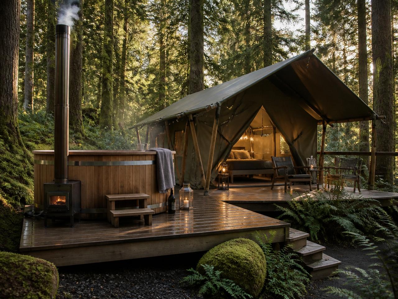 Cedar hot tub beside a safari tent on wooden decking in a woodland glamping site