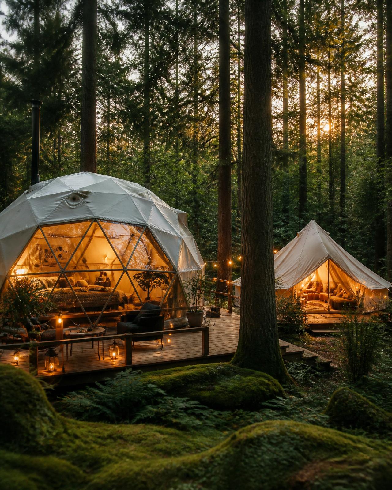 Luxury geodesic dome and bell tent glamping site in a forest clearing at golden hour